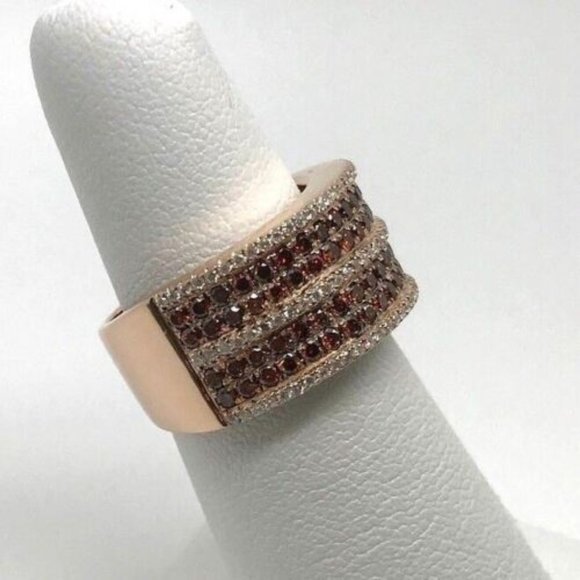 18k Rose Gold with Orange & White Round Brilliant Cut Diamonds Size 6.5 - Picture 4 of 9